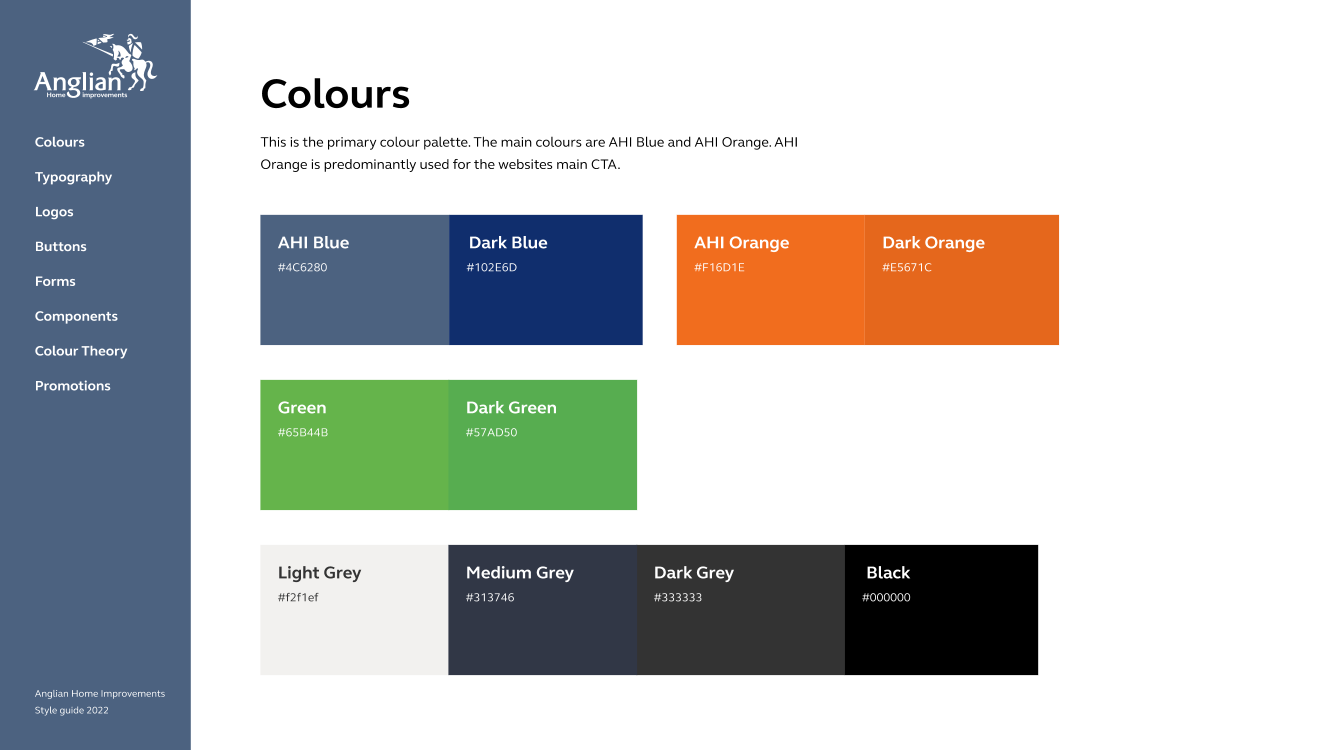 Anglian Home Improvements — Style Guide colour palette page