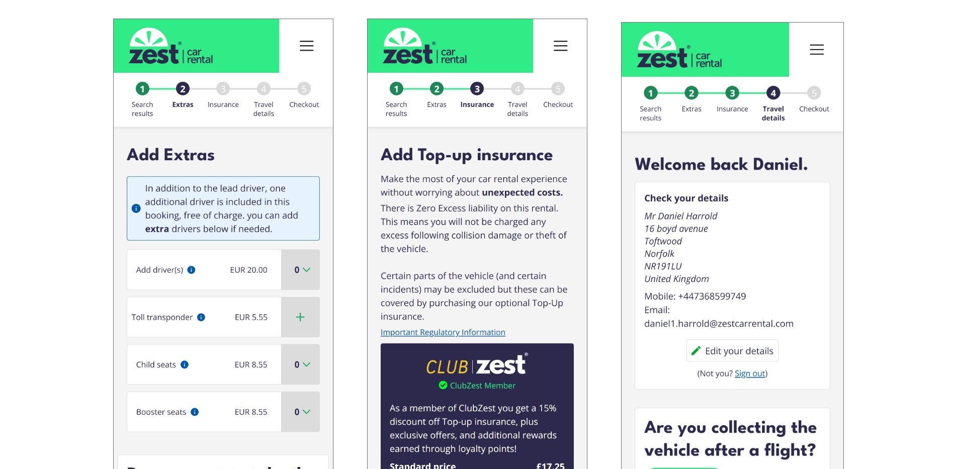 Zest Car Rental — Booking process mobile design