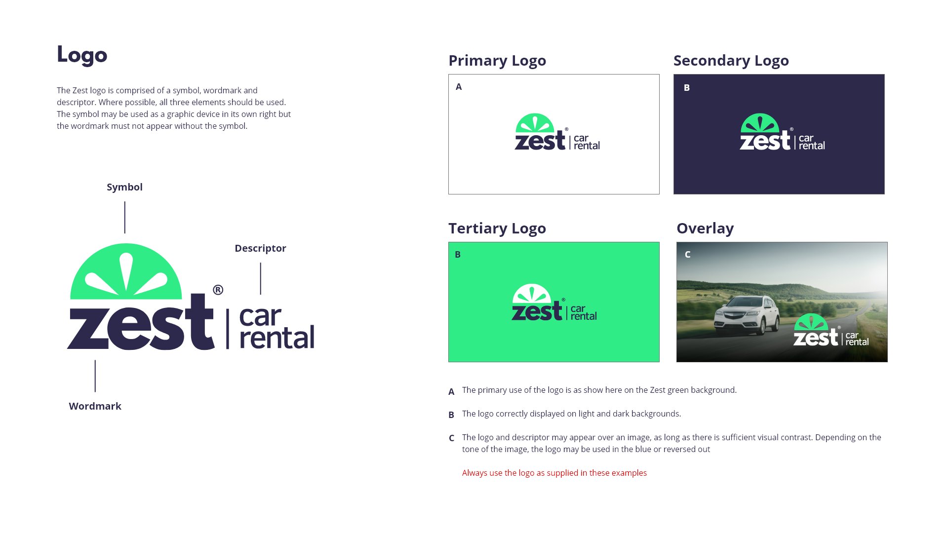 Zest Car Rental — Brand style guide colour palette
